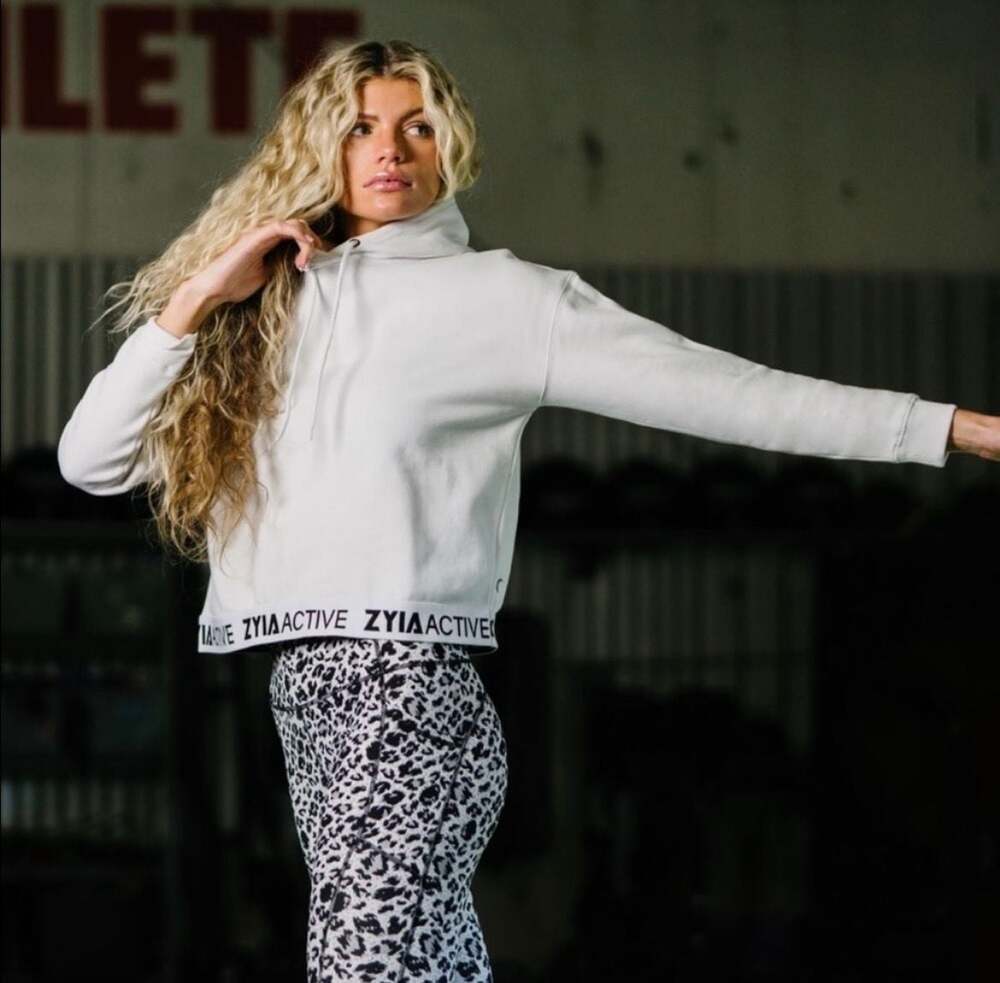 Zyia Active White Logo Band Crop Hoodie Size S